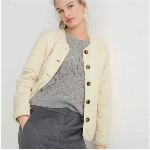 EUC J.Crew Signature Diamond Quilted Primaloft Puffer Lady Jacket Ivory Size 12 - Picture 3 of 5